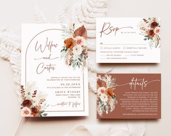 Boho Pampas Wedding Invitation Set, Printable Arch Wedding Invitation Template, Terracotta, Rust, Editable Invitation, Floral, VWC72