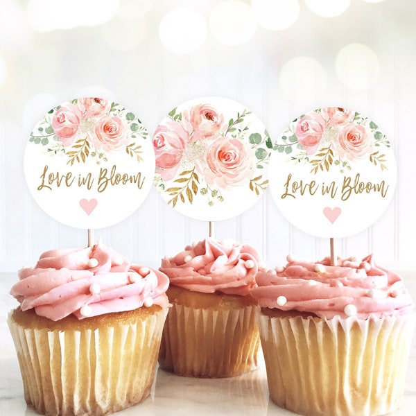 Love in Bloom Cupcake Toppers, Printable Bridal Shower Cupcake Toppers, 2-inch, Blush Pink Floral, VWC95