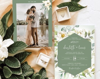 Editable Greenery Wedding Invitation Template with RSVP and Details Card, Sage Wedding Invitation Set, White Floral, Garden Wedding, VWC66