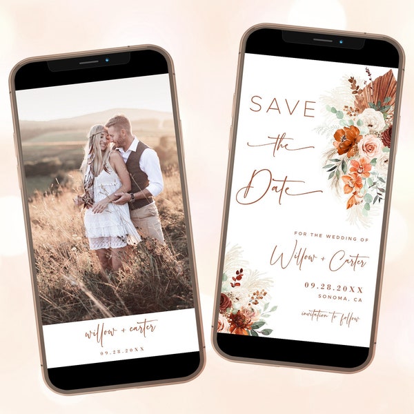 Digital Save the Date Card, Electronic Save the Date Template, Mobile Save the Dates, Boho, Pampas, Rust, Terracotta, VWC72