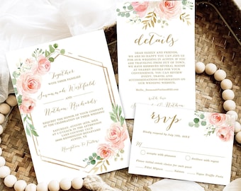 Blush Floral Wedding Invitation Set, Printable Wedding Invitation Template, Wedding Invitation Suite, Blush Wedding Stationery, VWC94