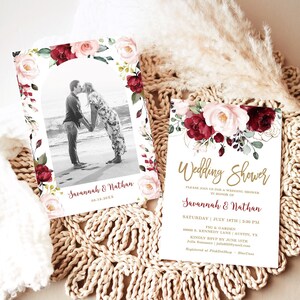 Editable Wedding Shower Invitation Template, Printable Wedding Shower Invitation Card, Invite, Blush Burgundy Pink Floral, Plum, VWC83