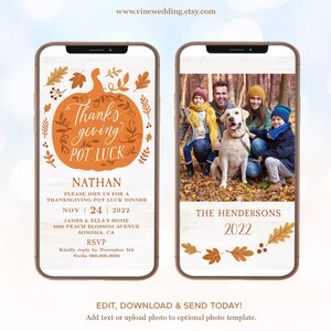 May include: Thanksgiving potluck dinner invitation with a pumpkin graphic and fall leaves. The invitation includes the text "Thanks giving POT LUCK", "Nathan", "Please join us for a Thanksgiving pot luck dinner", "Nov 24 2022", "James & Ella's Home", "8900 Peach Blossom Avenue", "Sonoma, CA", "RSVP", "Kindly reply by November 5th", "Stella 090.000.0000".