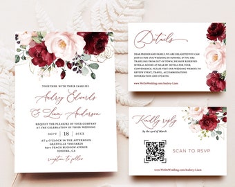 Wedding Invitation Set, Printable Wedding Invitation Template, Burgundy Pink, Floral, Wine, Fall, Marsala, Plum, Boho, VWT14