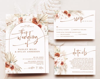 Boho Wedding Invitation Set, Editable Wedding Invitation Template Download, Printable, Boho, Arch, Palm, Pampas, Terracotta, VWC70