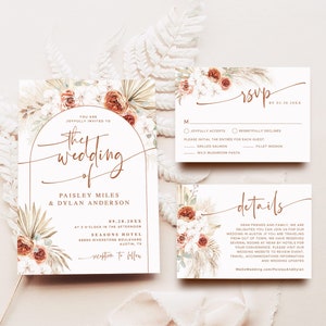 Boho Wedding Invitation Set, Editable Wedding Invitation Template Download, Printable, Boho, Arch, Palm, Pampas, Terracotta, VWC70