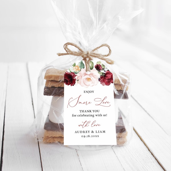 Enjoy S'more Love Wedding Favor Tag or Label, Editable Favor Tags Template, Printable, Burgundy Pink Floral, Fall, Plum, Blush, Gold, VWT14