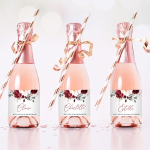 Bridesmaid Proposal Mini Champagne Label Template, Printable Champagne Bottle Labels, Editable, Burgundy, Blush, Boho, VWT14