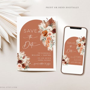 Save the Date Card, Pampas Save the Date Template, Boho Save the Dates, Photo Save the Date, Modern Arch, Rust, Terracotta, VWC72