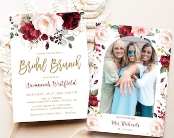 Burgundy Pink Floral Bridal Brunch Invitation Template, Editable, Printable Bridal Shower Brunch Invitation, Photo, Blush, Gold, VWC83