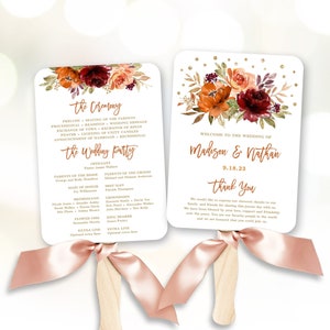 Fall Wedding Fan Programs, Editable Fan Program Template, Printable, Boho, Burnt Orange, Burgundy, Rust, Floral, Autumn, Sienna, VWC74
