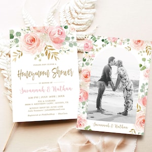 Honeymoon Shower Invitation Template, Editable, Printable Honeymoon Shower Invitation Card, Blush Pink Floral, Gold, VWC95