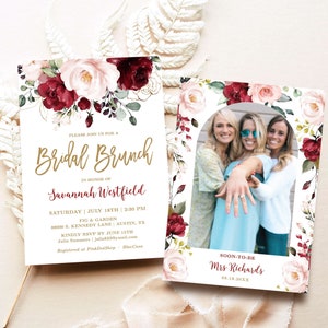 Burgundy Pink Floral Bridal Brunch Invitation Template, Editable, Printable Bridal Shower Brunch Invitation, Photo, Blush, Gold, VWC83