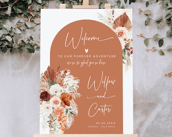 Arch Wedding Welcome Sign, Printable Wedding Welcome Sign Template, Boho Wedding Sign, Editable, Pampas, Terracotta, Rust, VWC72