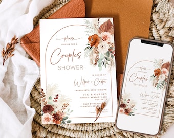 Couples Shower Invitation, Boho Couples Shower Invitation Template, Printable, Editable, Pampas, Floral, Arch, Rust, Terracotta, VWC71