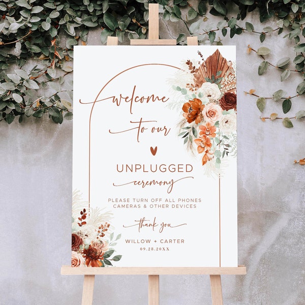 Pampas Unplugged Ceremony Sign, Editable Wedding Unplugged Ceremony Sign Template, Boho, Printable, Arch, Terracotta, Rust, VWC72