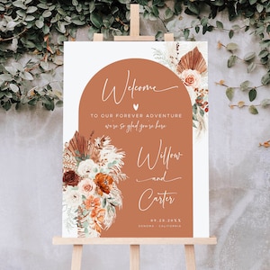 Arch Wedding Welcome Sign, Printable Wedding Welcome Sign Template, Boho Wedding Sign, Editable, Pampas, Terracotta, Rust, VWC72