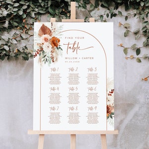 Pampas Table Seating Chart Sign, Editable Wedding Seating Chart Template, Boho Table Seating Chart, Printable, Arch, Terracotta, Rust, VWC72