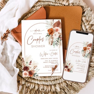 Couples Shower Invitation, Boho Couples Shower Invitation Template, Printable, Editable, Pampas, Floral, Arch, Rust, Terracotta, VWC71