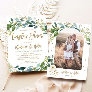 Couples Shower Invitation Template, Editable, Printable Couple&#39;s Shower Invitation, Boho Greenery, Gold, Rustic, Coed, Co-ed, VWC79