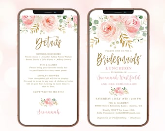 Digital Bridesmaids' Luncheon Invitation Template, Editable, Brunch, Electronic, Textable, Phone, Mobile, Evite, Blush Pink Floral, VWC95