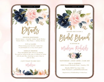 Navy and Blush Digital Bridal Brunch Invitation Template, Editable, Textable, Electronic, Phone Invite, iPhone invitation, VWC78
