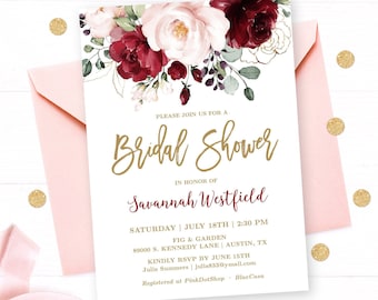 Bridal Shower Invitation Template, Editable, Printable Bridal Shower Invitation Card, Invite, Blush Burgundy Pink Floral, Plum, VWC83