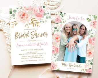 Bridal Shower Invitation Template, Editable, Printable Bridal Shower Invitation Card, Blush Pink Floral, Gold, VWC95