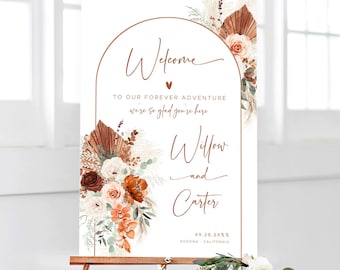 Pampas Wedding Welcome Sign, Editable Wedding Welcome Sign Template, Boho Wedding Sign, Printable, Arch, Terracotta, Rust, VWC72