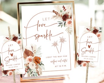 Let Love Sparkle, Sparkler Send Off Sign and Tag Template, Printable Wedding Sparkler Tags, Editable, Boho, Terracotta, Floral, VWC72