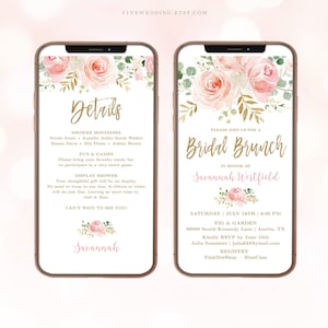 Digital Bridal Brunch Invitation Template, Editable, Electronic Bridal Shower Invitation, Evite, Blush Pink Floral, Gold, VWC95