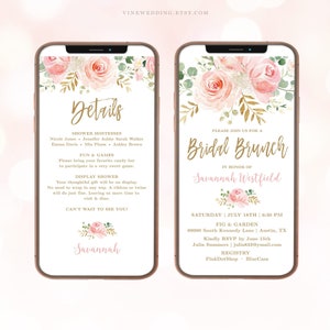 Digital Bridal Brunch Invitation Template, Editable, Electronic Bridal Shower Invitation, Evite, Blush Pink Floral, Gold, VWC95