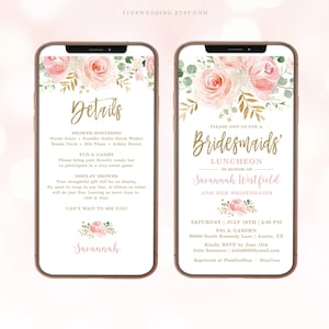 Könnte beinhalten: Eine rosafarbene und goldene Blumen-Telefon-Einladung zu einem Mittagessen für Brautjungfern. Die Einladung zeigt ein Blumenmuster mit rosa Rosen und goldenen Akzenten. Der Text lautet "Bitte schließen Sie sich uns zu einem Mittagessen für Brautjungfern zu Ehren von Savannah Westfield und ihren Brautjungfern an." Die Einladung enthält auch Datum, Uhrzeit, Ort und RSVP-Informationen.