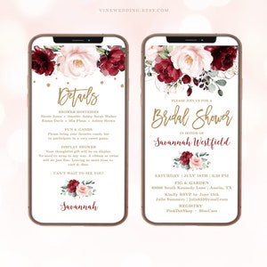 Digital Bridal Shower Invitation Template, Editable, Electronic, Textable, Phone, Mobile, Invite, Evite, Burgundy Pink Floral, VWC83