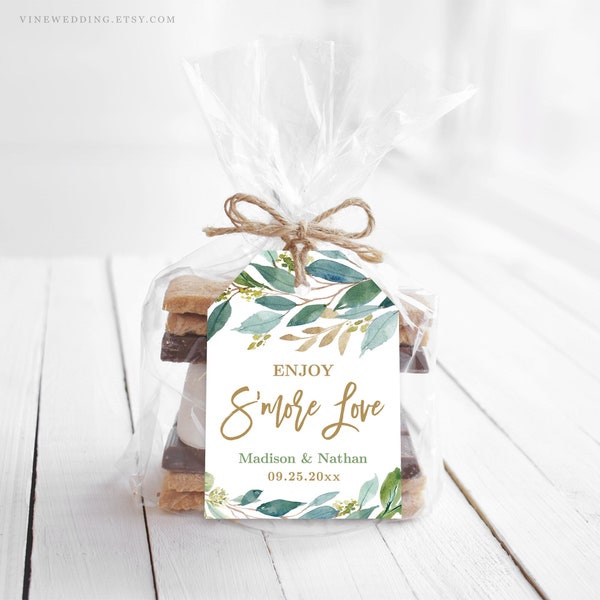 Enjoy S'more Love Wedding Favor Tag Template, Editable Wedding Favor Tag, Printable, Boho, Greenery, Eucalyptus, VWC77, VWC79