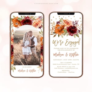 Fall Digital Engagement Party Invitation, Electronic Engagement Shower Invite, Mobile, Textable, Fall, Autumn, Burnt Orange, Floral, VWC76