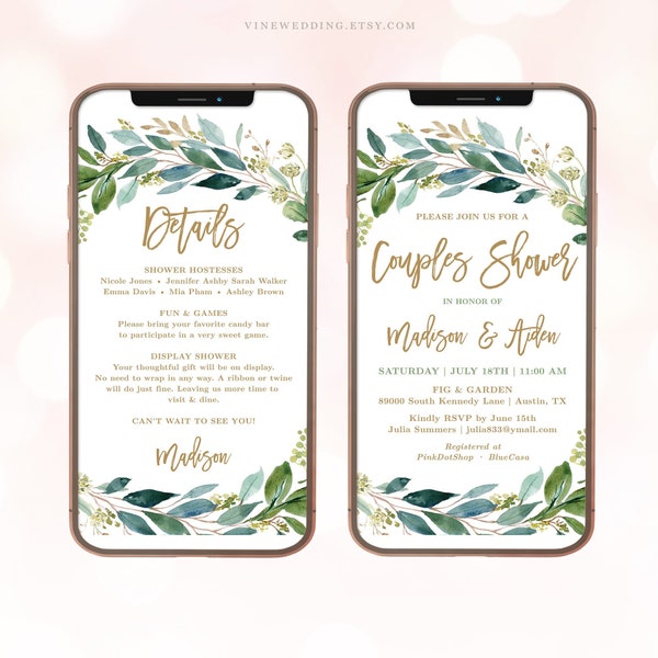 Digital Couples Shower Invitation Template, Editable, Mobile Invitation, Textable, Evite, Co-ed Shower, Coed, Boho Greenery, VWC79