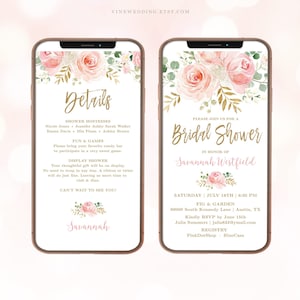 Digital Bridal Shower Invitation Template, Editable Digital Invitation, Phone Invitation, iPhone invitation, Blush Pink Floral, VWC95