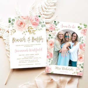 Editable Brunch & Bubbly Invitation Template, Printable Bridal Shower Invitation Card, Blush Pink Floral, Gold, VWC95