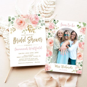 Bridal Shower Invitation Template, Editable, Printable Bridal Shower Invitation Card, Blush Pink Floral, Gold, VWC95