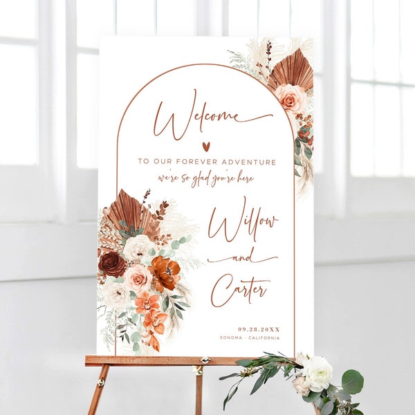 Pampas Wedding Welcome Sign, Editable Wedding Welcome Sign Template, Boho Wedding Sign, Printable, Arch, Terracotta, Rust, VWC72