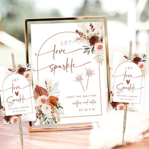 Let Love Sparkle, Sparkler Send Off Sign and Tag Template, Printable Wedding Sparkler Tags, Editable, Boho, Terracotta, Floral, VWC72