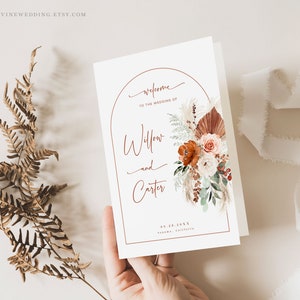 Editable Folded Wedding Program Template, Boho Wedding Program, Printable Arch Wedding Program, Terracotta, Pampas, Rust, Floral, VWC72