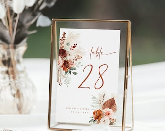 Pampas Wedding Table Numbers Signs, Printable Wedding Table Numbers Template, Editable, Pampas, Boho, Terracotta, Rust, VWC72, VWC71