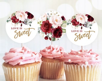 Love is Sweet Cupcake Toppers, Printable Bridal Shower Cupcake Toppers, 2-inch, Burgundy Pink Floral, VWC83