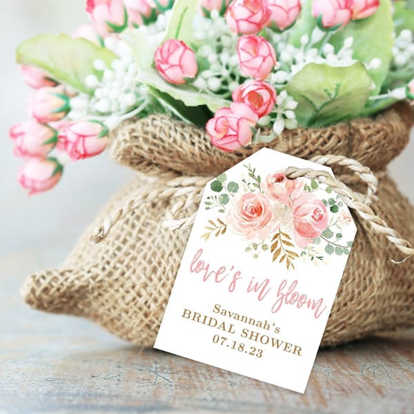 Love's in Bloom Bridal Shower Favor Tags, Printable Bridal Shower Favor Tag Template, Editable, Blush Pink Floral, VWC95