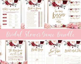 Bridal Shower Game Bundle, Printable Bridal Shower Games, Seven Fun Bridal Party Games, Burgundy, Blush, Pink, Plum, Gold, VWC83