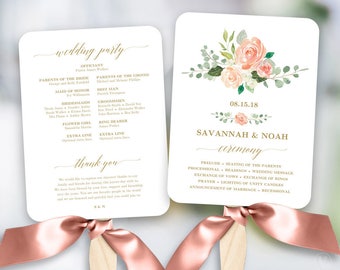 peach blush floral wedding program fan template printable fan etsy