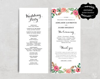 floral wedding program template printable wedding programs etsy