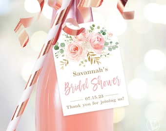 Bridal Shower Favor Tags, Printable Bridal Shower Favor Tag Template, Editable, Champagne or Wine Bottle Tags, Blush Pink Floral, VWC95